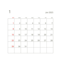 January 2023 calendar page on white background. Calendar background for reminder, business planning, appointment meeting and event. Week starts from Sunday. Vector.