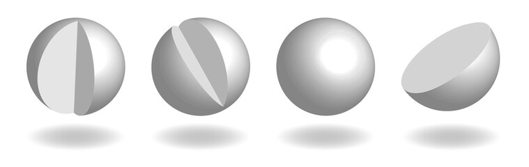 Set of white spheres on white background. Whole and cut balls with shadows.