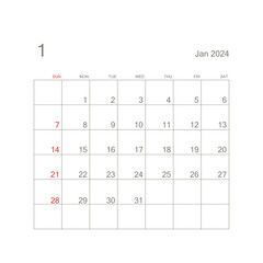 January 2024 calendar page on white background. Calendar background for reminder, business planning, appointment meeting and event. Week starts from Sunday. Vector.