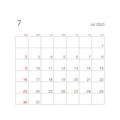 July 2023 calendar page on white background. Calendar background for reminder, business planning, appointment meeting and event. Week starts from Sunday. Vector.