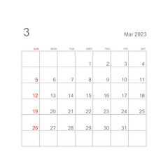 March 2023 calendar page on white background. Calendar background for reminder, business planning, appointment meeting and event. Week starts from Sunday. Vector.