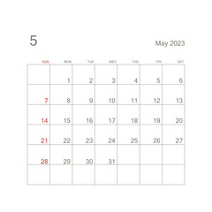 May 2023 calendar page on white background. Calendar background for reminder, business planning, appointment meeting and event. Week starts from Sunday. Vector.