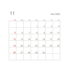 November 2023 calendar page on white background. Calendar background for reminder, business planning, appointment meeting and event. Week starts from Sunday. Vector.