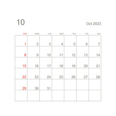 October 2023 calendar page on white background. Calendar background for reminder, business planning, appointment meeting and event. Week starts from Sunday. Vector.