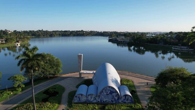 Lagoa da Pampulha, in Belo Horizonte, overlooking the Church of S&atilde;o Francisco de Assis and Guanabara Park. Minas Gerais Brazil. Aerial view.