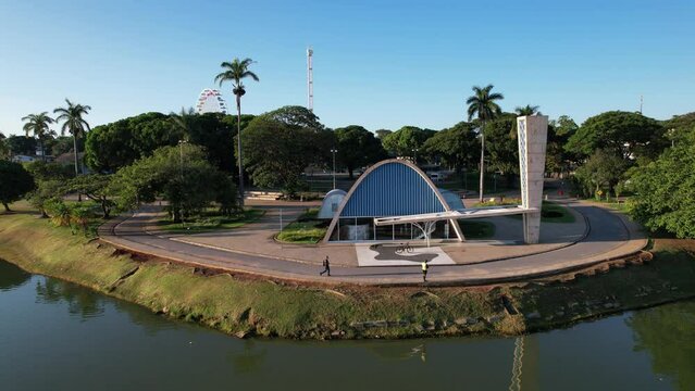 Lagoa da Pampulha, in Belo Horizonte, overlooking the Church of S&atilde;o Francisco de Assis and Guanabara Park. Minas Gerais Brazil. Aerial view.