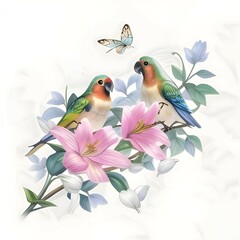 Bird on branch. Bird painting on a branch with pink flowers and leaves with white Background.