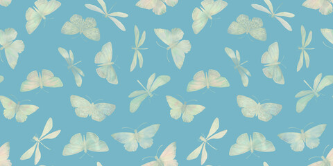 delicate watercolor butterflies and dragonflies painted in watercolor, seamless abstract pattern for design