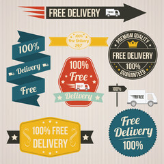 Retro free delivery badges, stickers, labels and tags. Vector elements