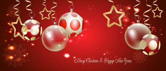 Greeting card design template with transparent Christmas balloons stars and ribbons on a red background 