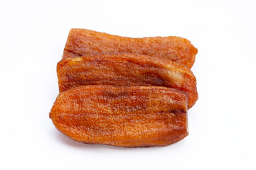 Sun dried bananas on white background.