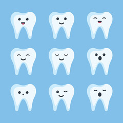 Cute cartoon teeth collection. Flat illustration cartoon tooth with different emotion. Tooth Cartoon Character Concept Vector Illustration.