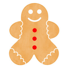 Gingerbread cookie man in watercolor painting style on white background.
