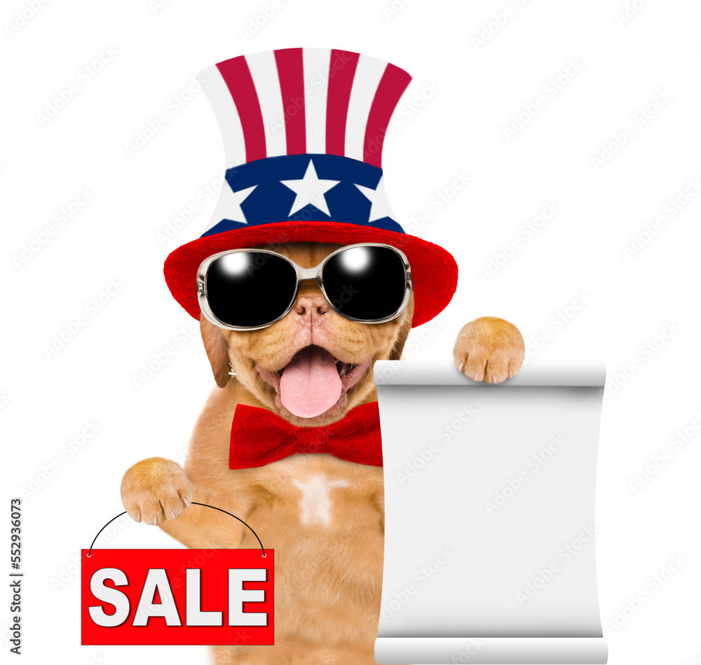 Poster happy mastiff puppy wearing like uncle sam shows empty list and signboard with labeled 