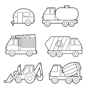 Vector set of vehicles. Coloring book for children activities. Simple level