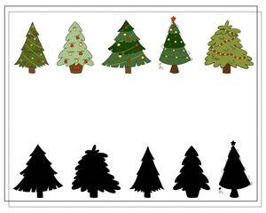 A puzzle game for kids, find the right shadow. Cartoon Christmas Tree