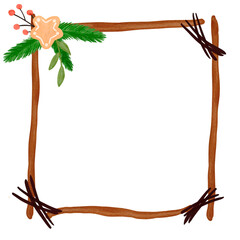 Watercolor Christmas wooden square frame with floral elements, gingerbread and red berries. Hand painted isolated on white background