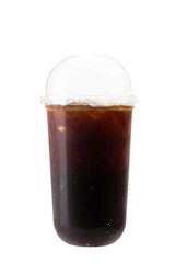 Black ice coffee in plastic cup isolated on white background