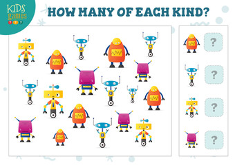 How many of each kind cartoon robot kids counting game vector illustration