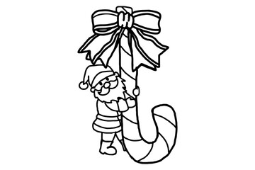 Christmas Character Design - adorable santa claus hugging a candy cane with ribbon decoration Line Art