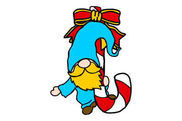 Christmas Character Design - adorable Gnome hugging a candy cane with ribbon decoration