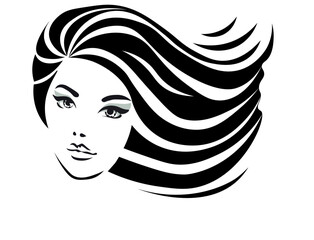 woman face. Beautiful sexy face, purple lips, fashion woman, element design, curly hairstyle, hair salon sign, icon. Beauty Logo. Vector illustration. Hand drawing style.	
