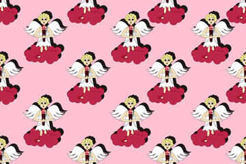 Wrapping paper for valentines gift with cartoon angel on pink cloud. Valentines day banner. Creative walppaper and bed linen print.