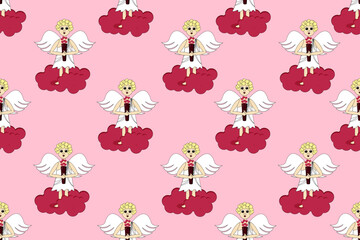 Wrapping paper for valentines gift with cartoon angel on pink cloud. Valentines day banner. Creative walppaper and bed linen print.