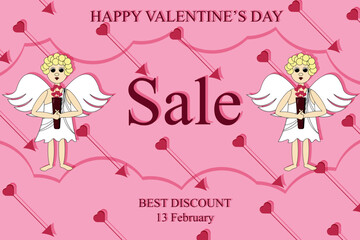 Cartoon angel on pink cloud with quiver with arrows and inscription happy valentines day. Valentine day advertising sale banner. Creative card.