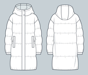 Unisex Puffer Coat technical fashion Illustration. Hooded quilted padded Down Jacket technical drawing template, long sleeve, pockets, front and back view, white, women, men, unisex CAD mockup. © Liubov Hladka