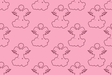 Wrapping paper for valentines gift with pink outline cartoon angel on cloud. Valentines day banner. Creative walppaper and bed linen print.