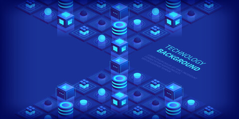 Abstract digital geometric tech elements. Digital data concept with energy glowing elements composition. Engineering and innovations design. Vector isometric shapes trendy background. © Ico Maker