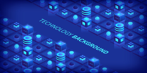 Abstract digital geometric tech elements. Digital data concept with energy glowing elements composition. Engineering and innovations design. Vector isometric shapes trendy background. © Ico Maker