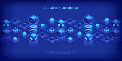 Abstract digital geometric tech elements. Digital data concept with energy glowing elements composition. Engineering and innovations design. Vector isometric shapes trendy background. © Ico Maker