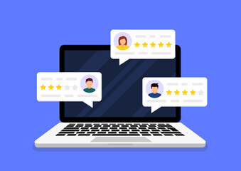 User reviews online. Laptop with customer reviews. Customer feedback review experience rating concept. Satisfaction rating. User reviews with rating on computer display. Vector illustration