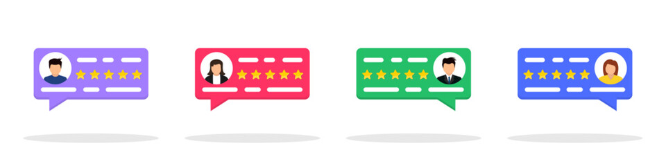 User reviews set. Concept of testimonials and user reviews. User reviews on the Internet. Clients choosing satisfaction rating and leaving reviews. Review of rated bubble speeches with stars. Feedback