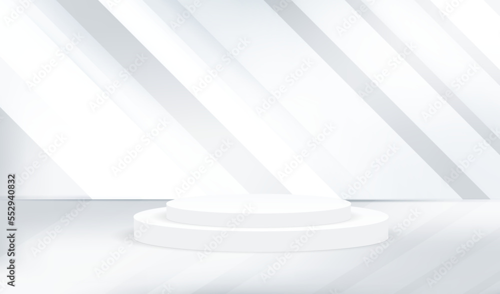 Poster white studio empty room with pedestal podium for mockup product. gray geometric platform with vertic