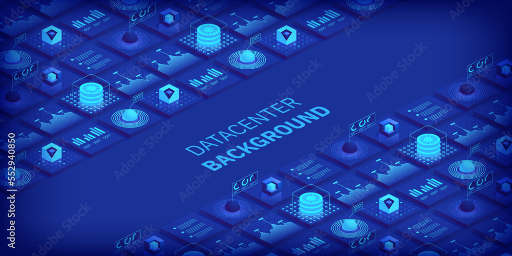 Poster abstract datacenter or blockchain vector isometric background hosting server room cloud storage tech