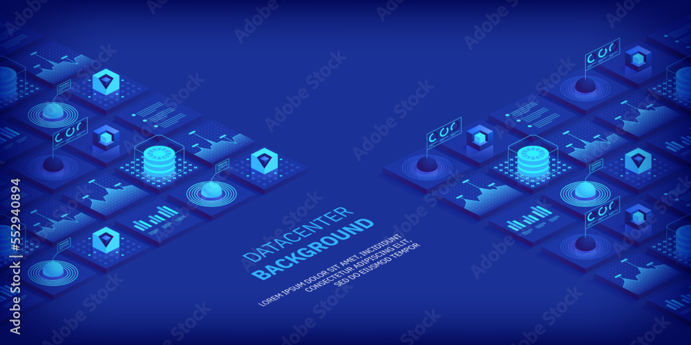 Poster abstract datacenter or blockchain vector isometric background hosting server room cloud storage tech