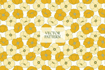 Poppy yellow petal flower summer garden white background vector abstract seamless repeat pattern