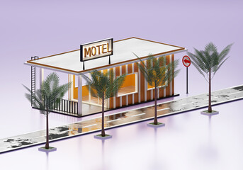 3D Rendering Motels In Isometric View Exterior Background