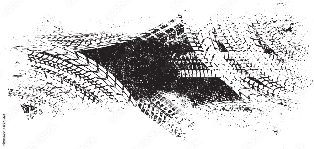 Aufkleber Vector Print Textured Tire Track . Design Element . Car tread silhouette . Mud splash grunge texture. Screen print texture .