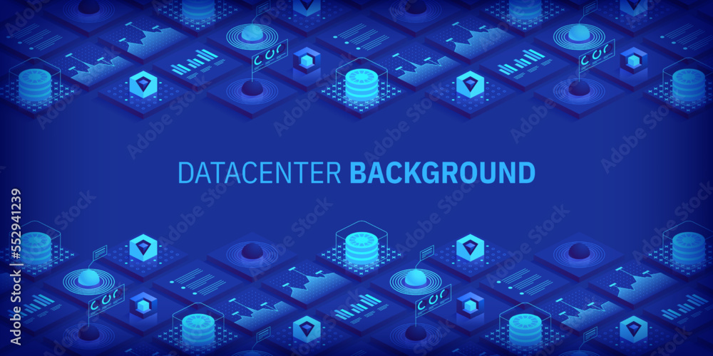 Poster abstract datacenter or blockchain vector isometric background hosting server room cloud storage tech
