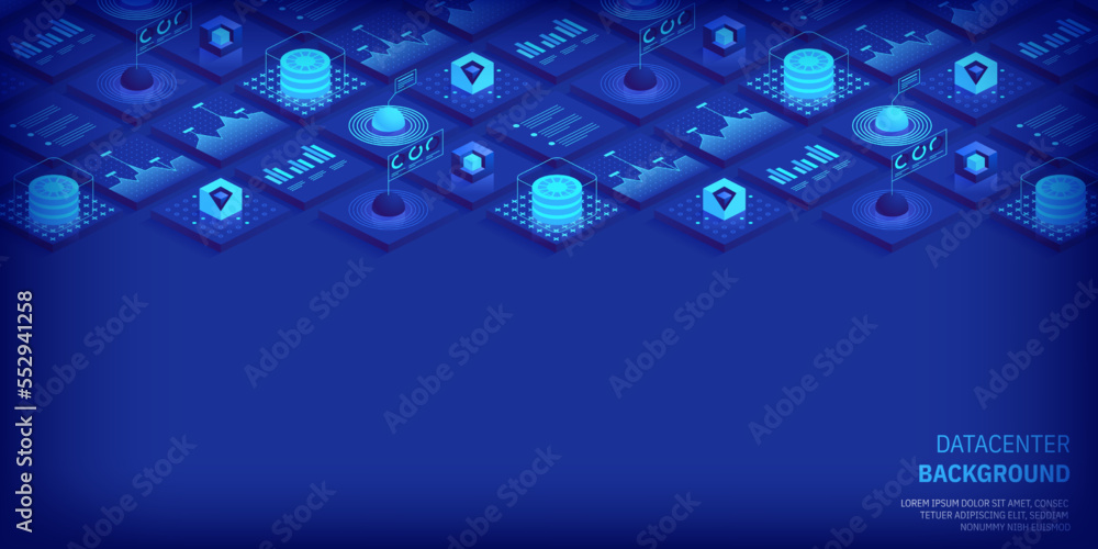 Poster abstract datacenter or blockchain vector isometric background hosting server room cloud storage tech