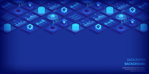 Abstract datacenter or blockchain vector isometric background Hosting server room cloud storage technology and big data processing Digital information Network mainframe infrastructure website layout