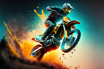 Dirt bike rider doing a big jump. Supercross, motocross, high speed. Sport concept. Digital art - obrazy, fototapety, plakaty