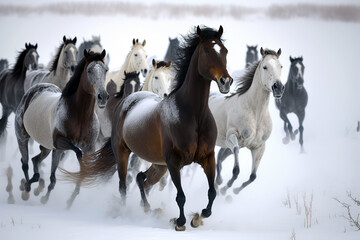 Fototapeta na wymiar Horses galloping in the snow. Digital art