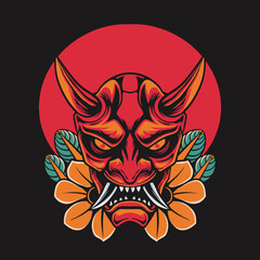 Vector Japanese Oni Mask Retro Illustration