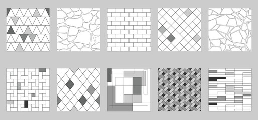 Plakat A set of simple patterns. Bricks, stones, mosaics. Simple geometric shapes. Monochrome. Black, grey, white. Vector