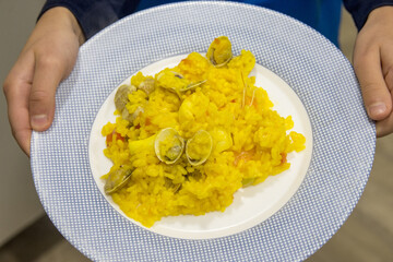 Traditional Spanish paella with seafood. 